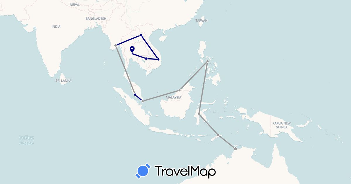 TravelMap itinerary: driving, plane in Australia, Brunei, Indonesia, Cambodia, Laos, Myanmar (Burma), Malaysia, Philippines, Singapore, Thailand, East Timor, Vietnam (Asia, Oceania)
